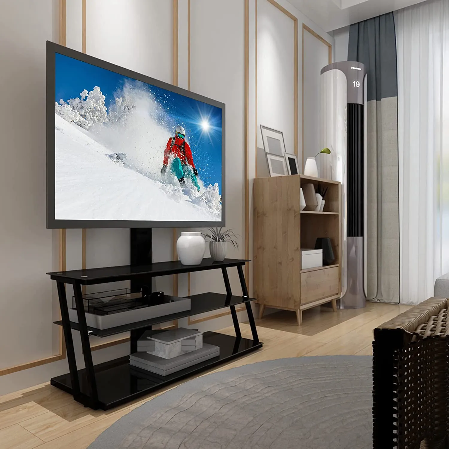 Swivel Floor TV Stand with Angle and Height Adjustable Tempered Glass TV Stand