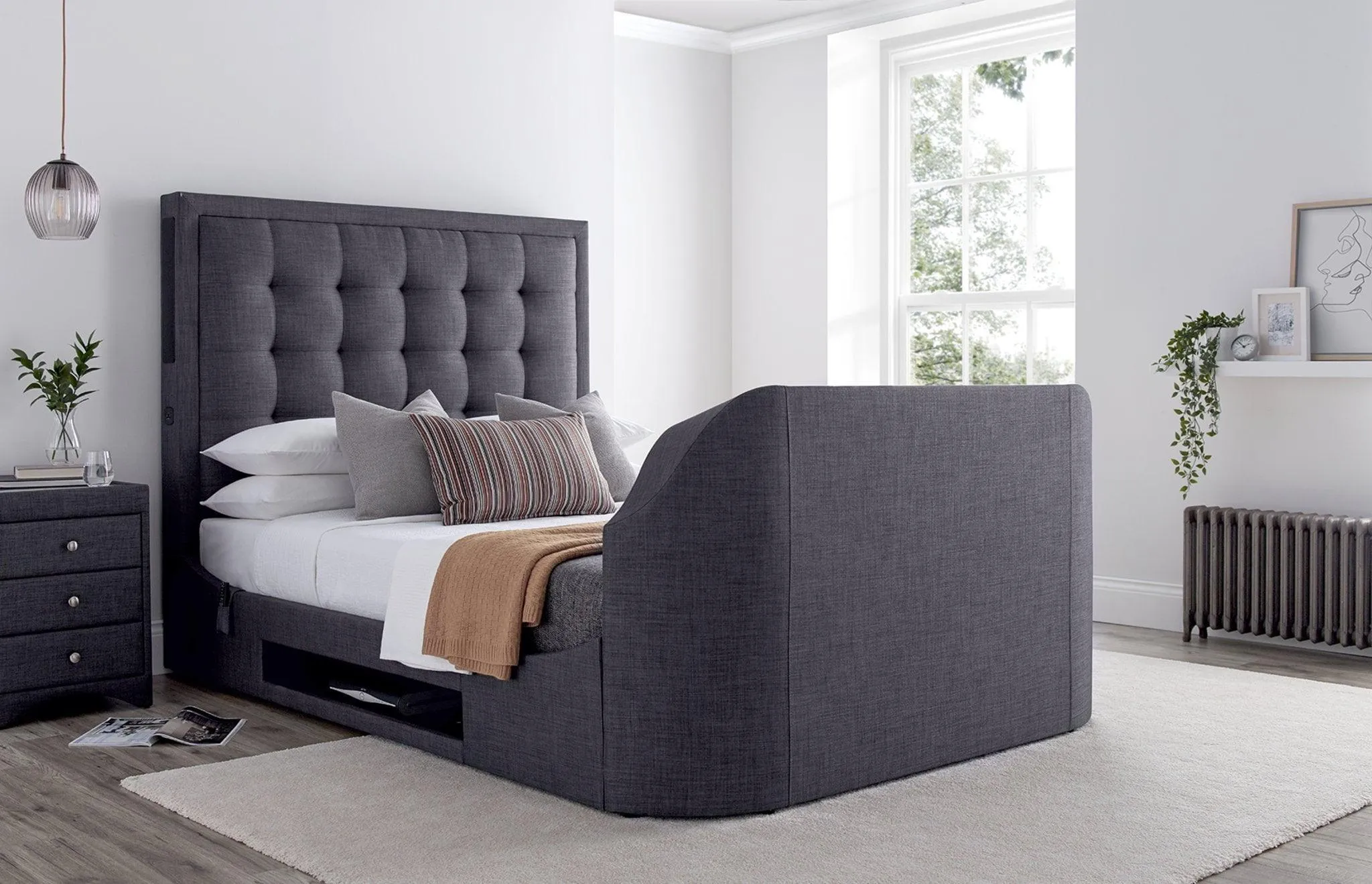 Titan 2 TV Bed Slate Grey Fabric King Size 4.1 Media 43" TV Capacity
