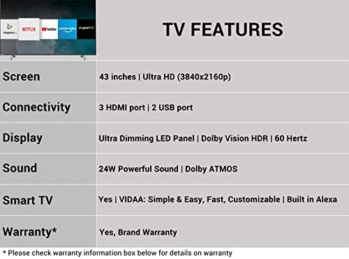 Toshiba 108 cm (43 inches) Vidaa OS Series 4K Ultra HD Smart LED TV 43U5050 (Black) (2020 Model) | With Dolby Vision and ATMOS