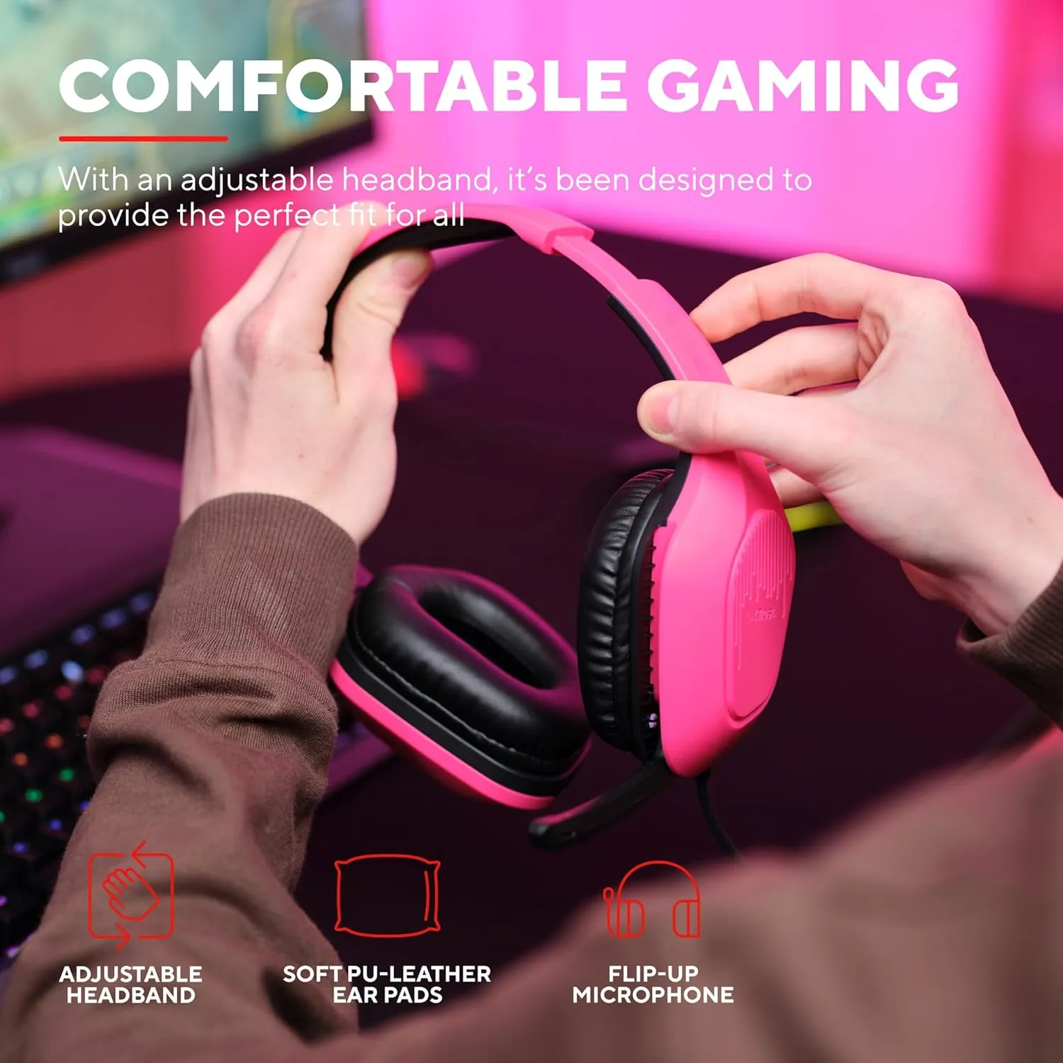 Trust Gaming GXT 415P Zirox Lightweight Over-Ear Gaming Headset, 50mm Drivers, 3.5mm Jack, Foldaway Mic, 2m Cable – Compatible with PC, Xbox, PS4, PS5, Switch, Mobile – Pink