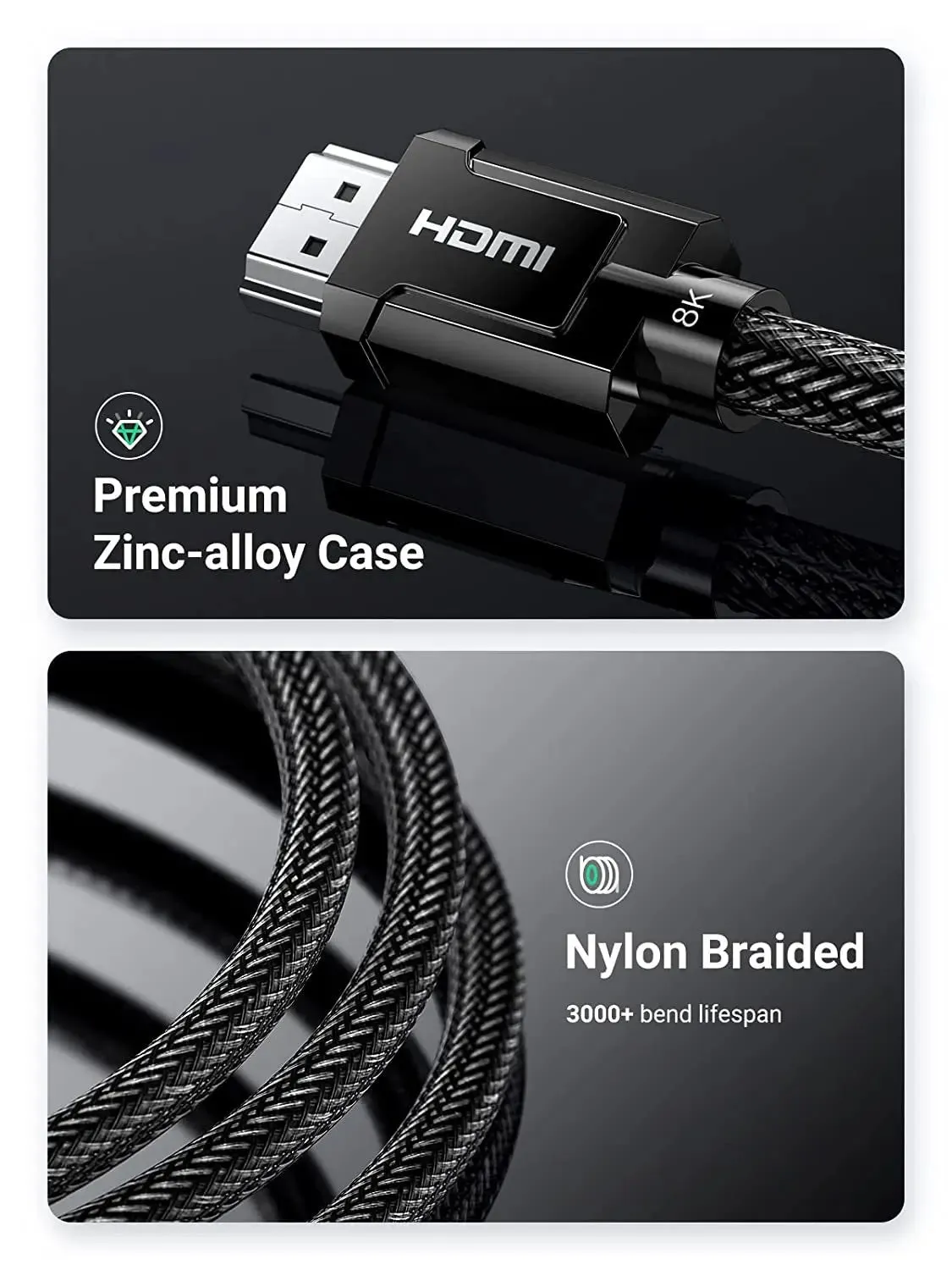 UGREEN 80602, 8K 48Gbps HDMI Cable Ultra High Speed HDMI 2.1 Support 8K 60Hz Dynamic HDR Dolby Vision eARC(Gray,3m)