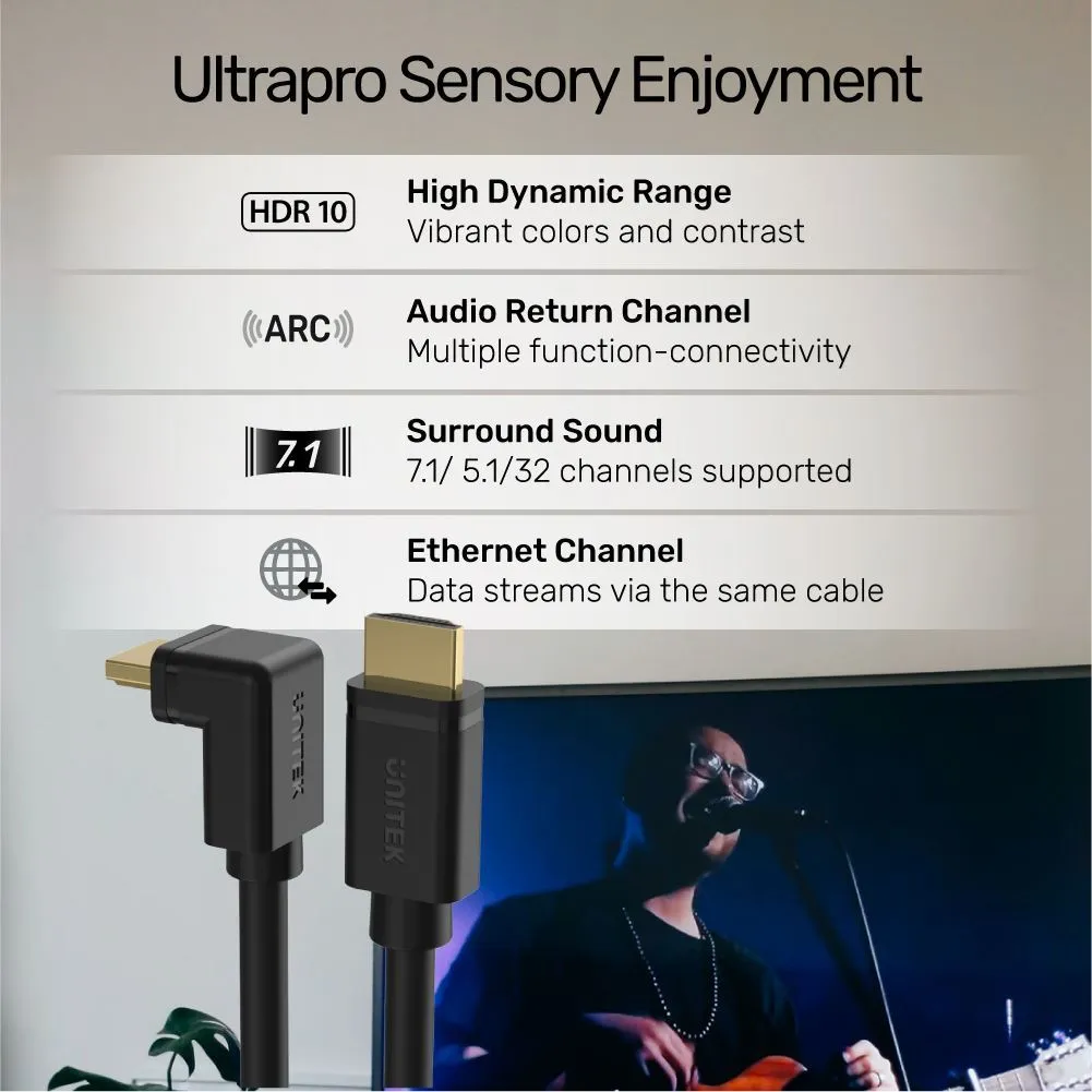 Unitek 3m 4K HDMI 2.0 Right Angle Cable with 90 Degree Elbow, HDR10, HDCP2.2, 3D & 7.1 Surround Sound, Gold-Plated Connectors