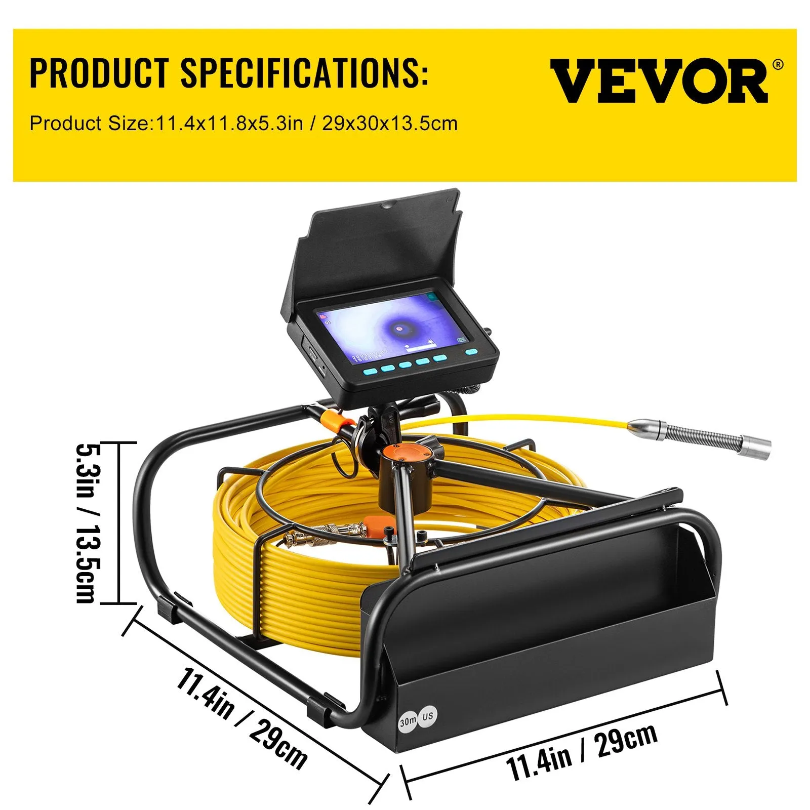 Vevor Sewer Camera 98.4' 30m 4.3" Pipe Drain Inspection DVR Function LED Lights New